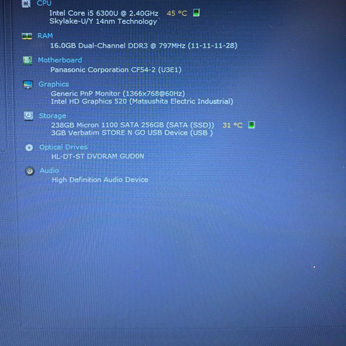 Panasonic ToughBook CF-54  i5-6300U@2.4GHz 16GB RAM 256GB SSD 32700 Hrs. READ