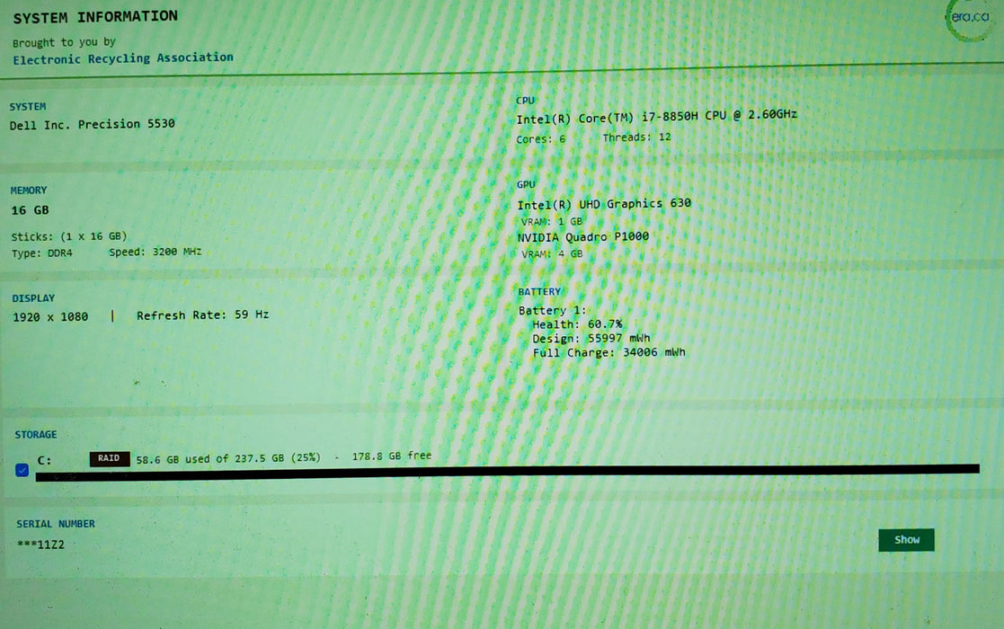 Dell Precision 5530 i7-8850H@2.6GHz QUADRO P1000 4GB GPU 16GB RAM 256GB SSD