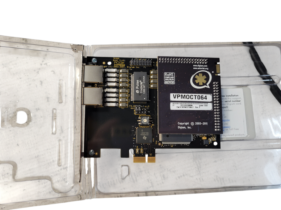 Digium TE220B PCIe Dual T1/E1 Card w/ VPMOCT064 Echo Cancellation Module