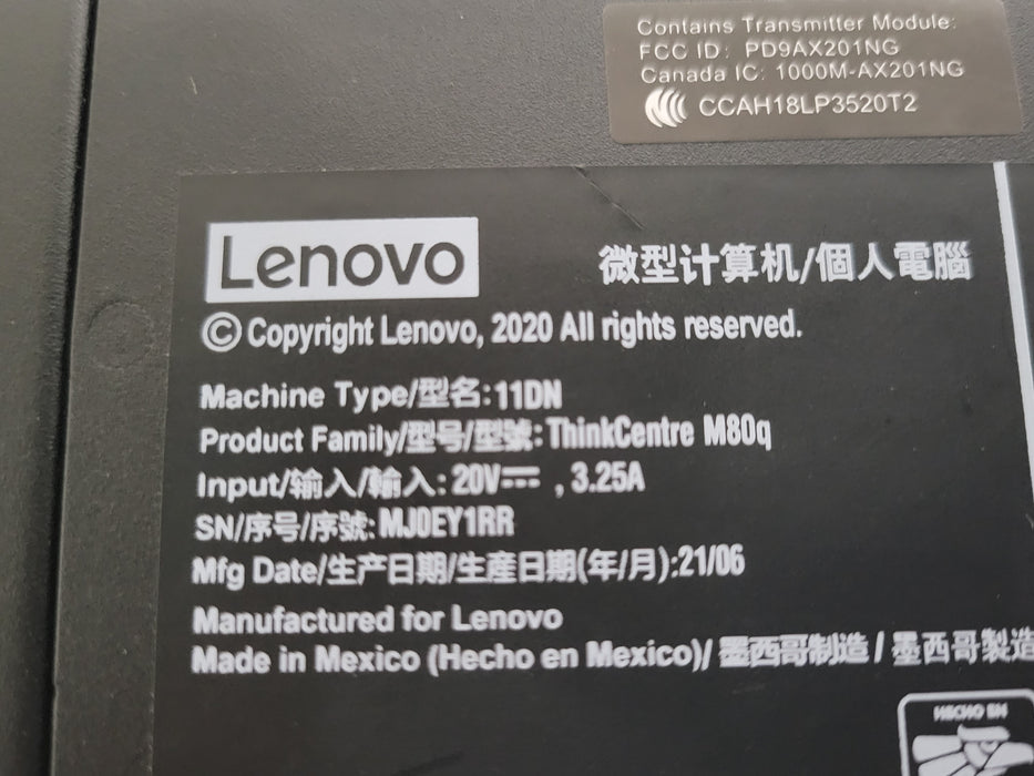 Lenovo ThinkCentre M80q Mini PC, Core I5 10500T 2.30GHz 8GB 256GB NVME, Wi-Fi