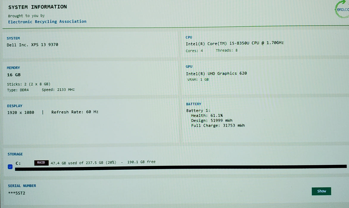 Dell XPS 13 9370 TOUCH Core i5-8350U@1.7GHz 16GB RAM 256GB SSD