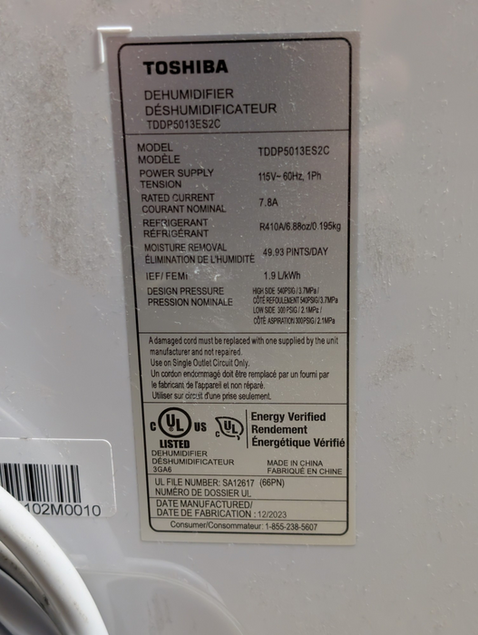 TOSHIBA TDDP5013ES2C Dehumidifier