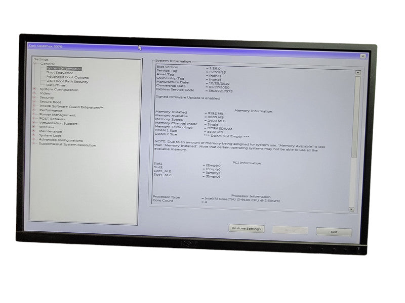 Dell Optiplex 3070 SFF Intel Core i3 - 9100 CPU @  3.60GHz 8GB DDR4 Ram Î¸