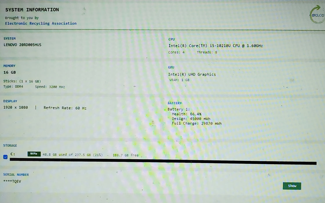 LENOVO THINKPAD E15 GEN 1 15.6" i5-10210U @1.60 16GB RAM 256GB SSD