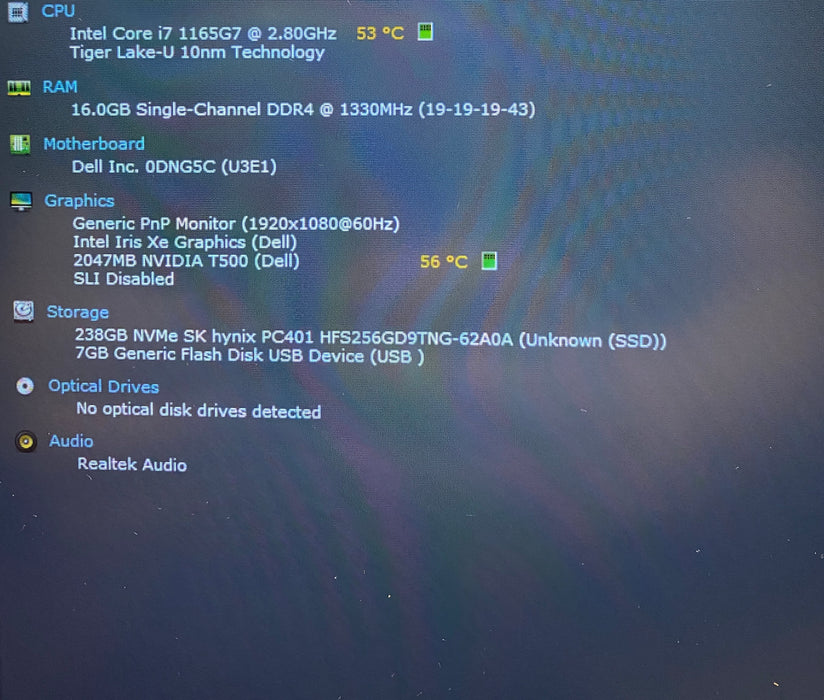 Dell Precision 3560 i7-1165G7 NVIDIA T500 16GB RAM 256SSD No Power Adapter READ!