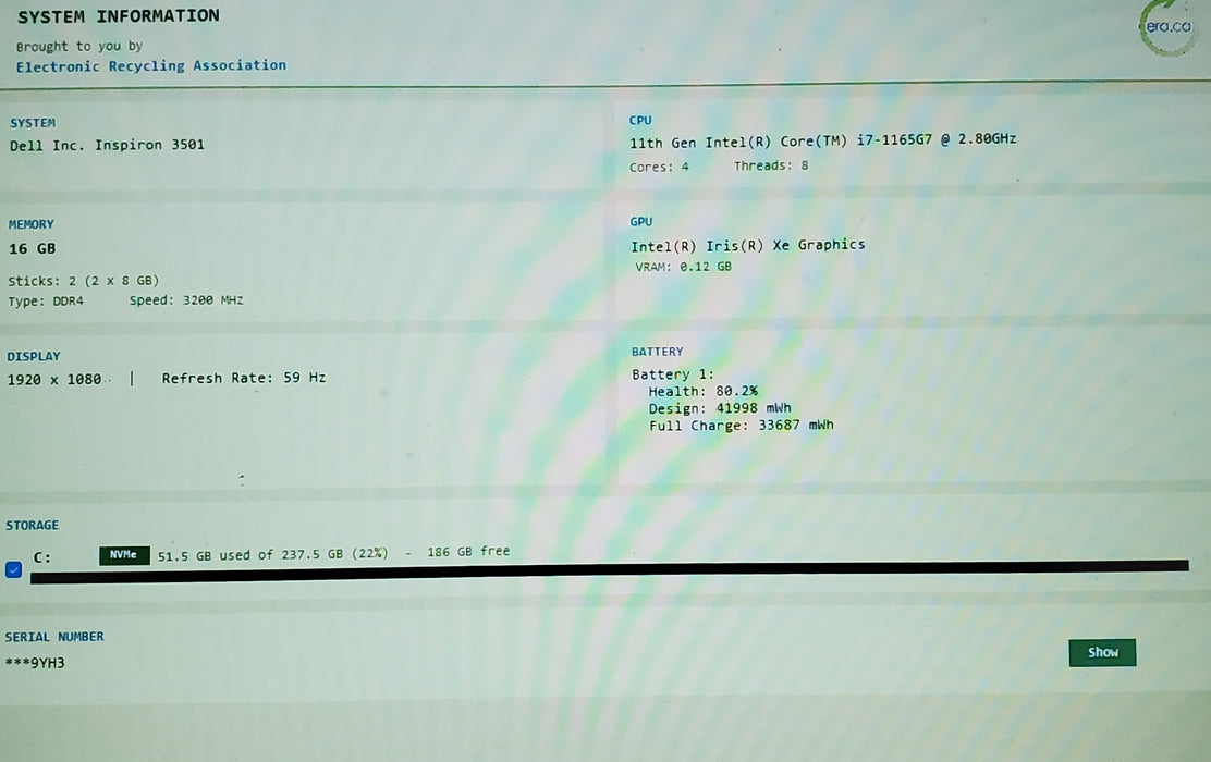 Dell Inspiron 3501 Core i7-1165G7@2.8GHz 16GB RAM 256GB SSD