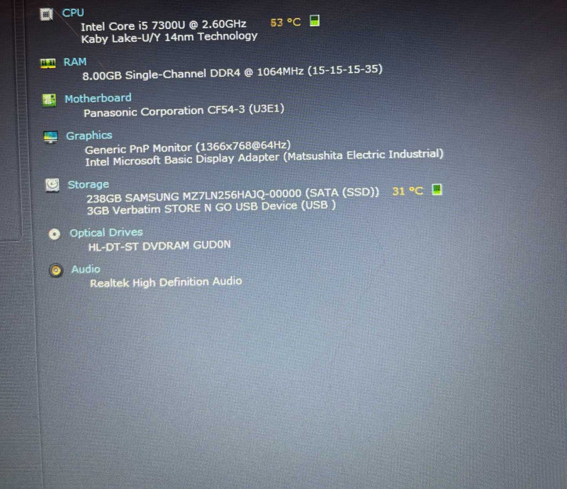 Panasonic ToughBook CF-54 i5-7300U 8GB 256SSD 2480Hrs. Missing Keys READ!