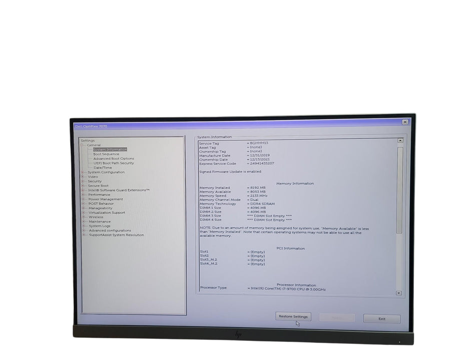 Dell Optiplex 7070 SFF i7 - 9700 @ 3.00GHz 8GB DDR4 Ram No HDD