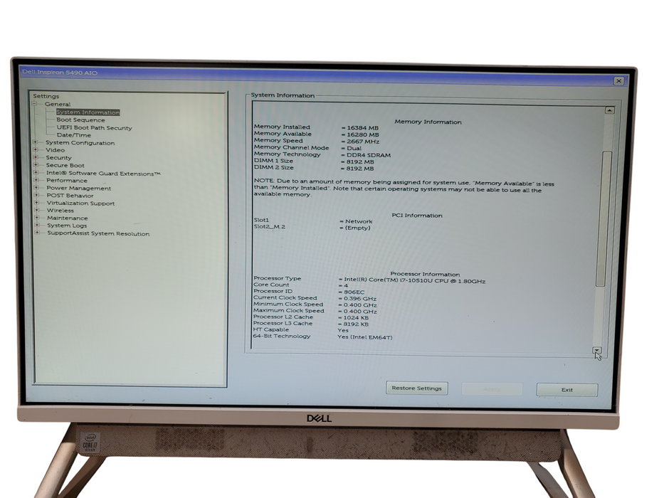 Dell Inspiron 5490 AIO Touch screen, i7-10510U, 16GB DDR4, No HDD/OS