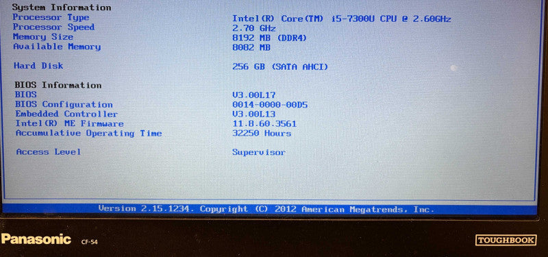 Panasonic ToughBook CF-54 i5-7300U@2.6GHz 8GB RAM 256GB SSD 32250 Hrs.