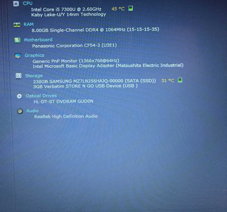 Panasonic ToughBook CF-54 i5-7300U@2.6GHz 8GB RAM 256GB SSD 32250 Hrs.