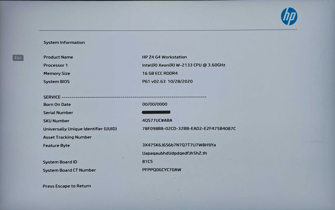HP Z4 G4 Workstation | Xeon W-2133 3.60GHz | 16GB DDR4 | K2000 | NO HDD