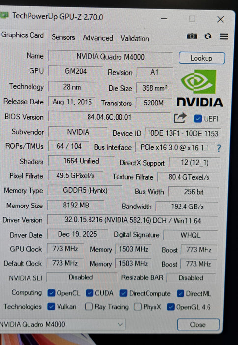 Dell NVIDIA Quadro M4000 8GB GDDR5 Graphics Card 01T98G