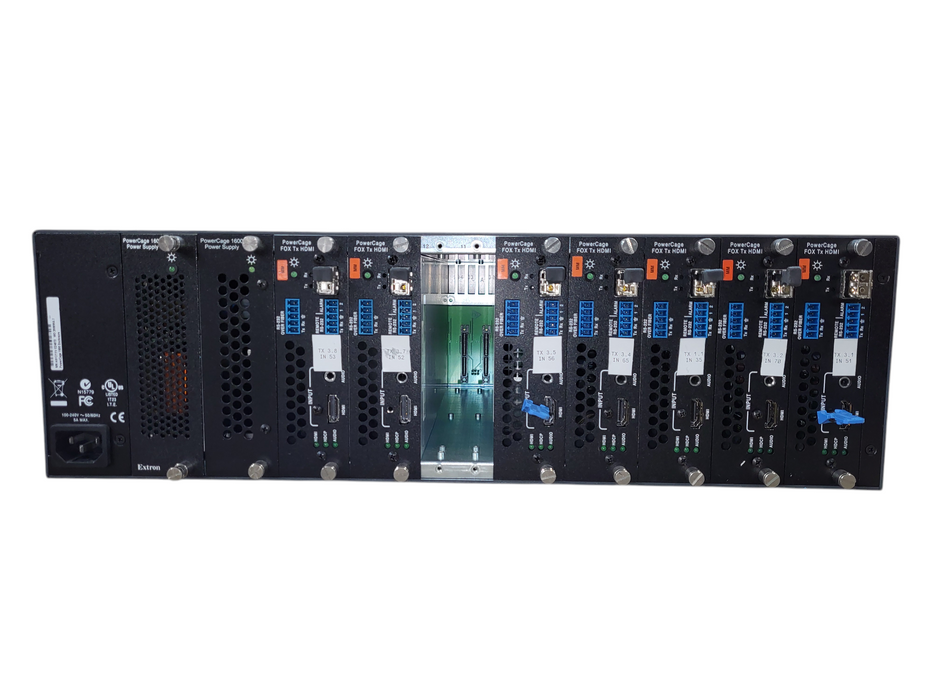 Extron PowerCage 1600 Enclosure w/ 7x FOX Tx HDMI Fiber Optic Receiver Cards