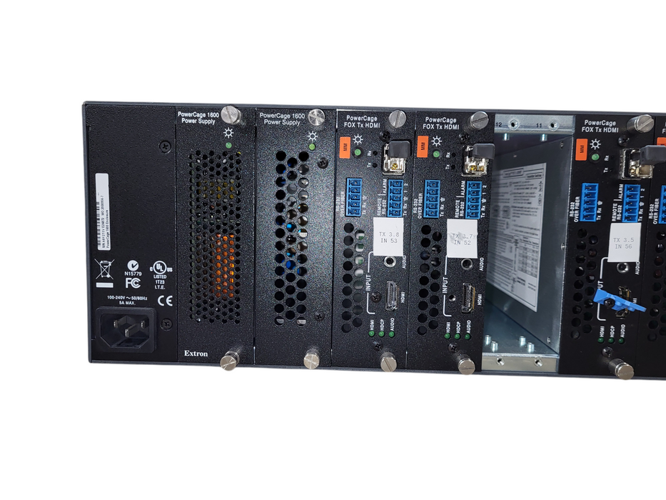 Extron PowerCage 1600 Enclosure w/ 7x FOX Tx HDMI Fiber Optic Receiver Cards
