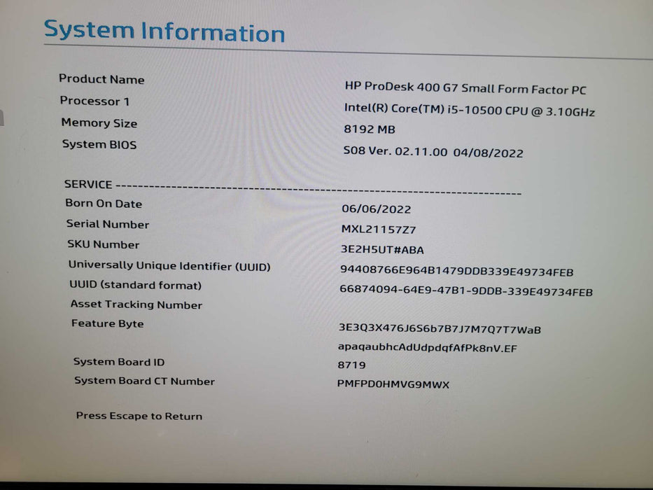 HP ProDesk 400 G7 SFF - Core i5-10500 8GB DDR4 NO HDD