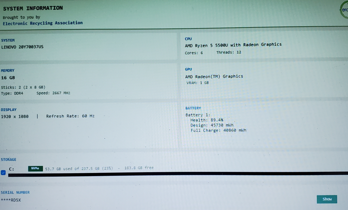 Lenovo ThinkPad E14 Gen 3 Ryzen 5 5500U 2.1Ghz 16GB RAM 256GB NVMe
