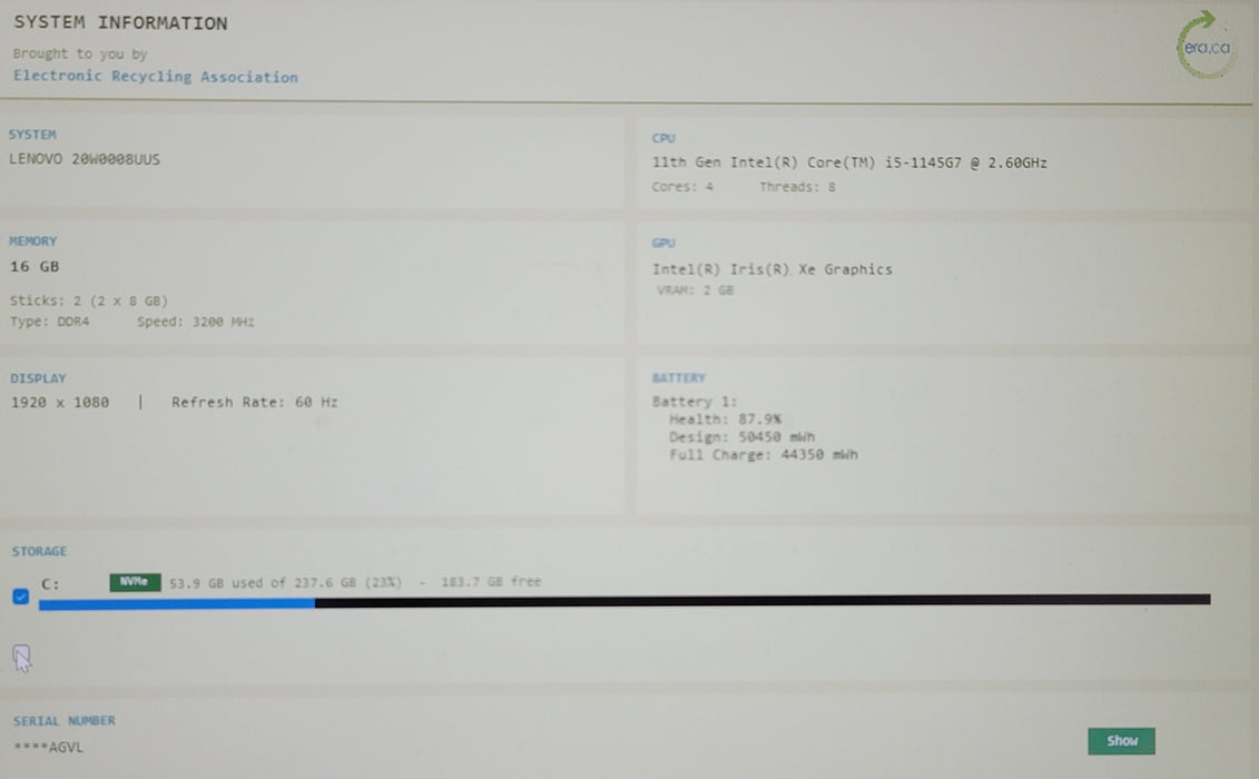 Lenovo ThinkPad T14 Gen 2 i5-1145G7 16GB DDR4 256GB NVMe No Adapter