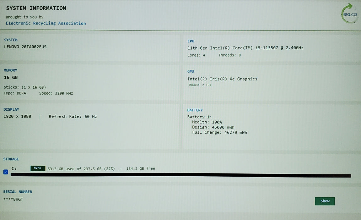 Lenovo ThinkPad E14 Gen 2 Intel Core i5-1135G7 2.40GHz 16GB RAM 256GB SSD