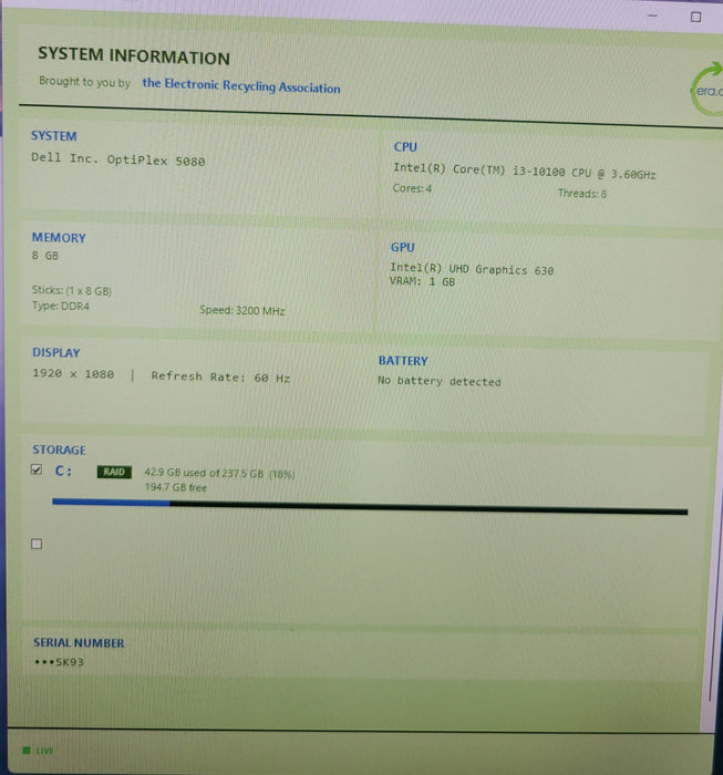 Dell OptiPlex 5080 | i3-10100 @3.60GHz 8GB DDR4 256GB NVMe