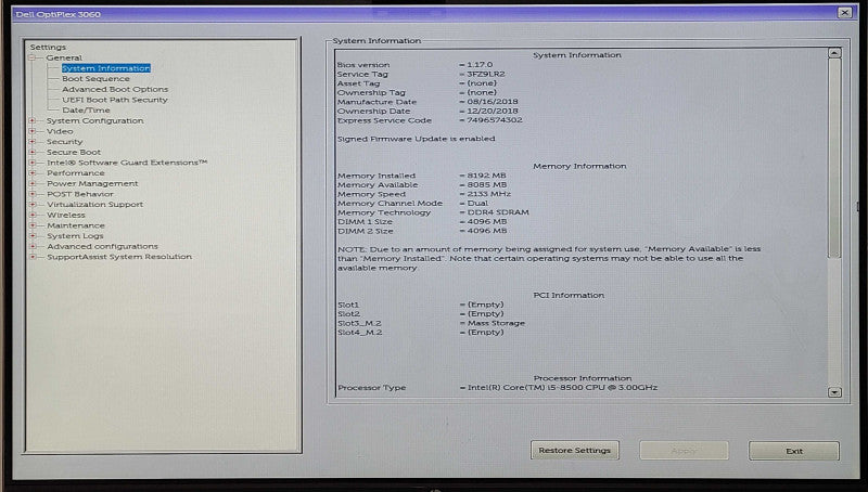 Dell OptiPlex 3060 SFF, i5-8500 3.0GHz, 8GB RAM, 256GB Nvme