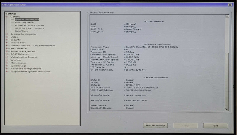 Dell OptiPlex 3060 SFF, i5-8500 3.0GHz, 8GB RAM, 256GB Nvme