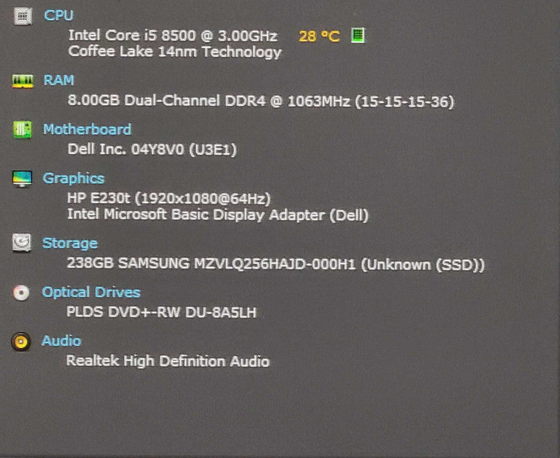 Dell OptiPlex 3060 SFF, i5-8500 3.0GHz, 8GB RAM, 256GB Nvme