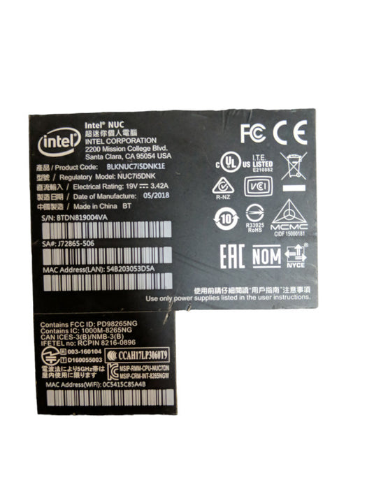 Intel NUC NUC7i5DNK - Intel Core i5-7300U @ 2.60GHz , 8gb DDR4 RAM - NO HDD