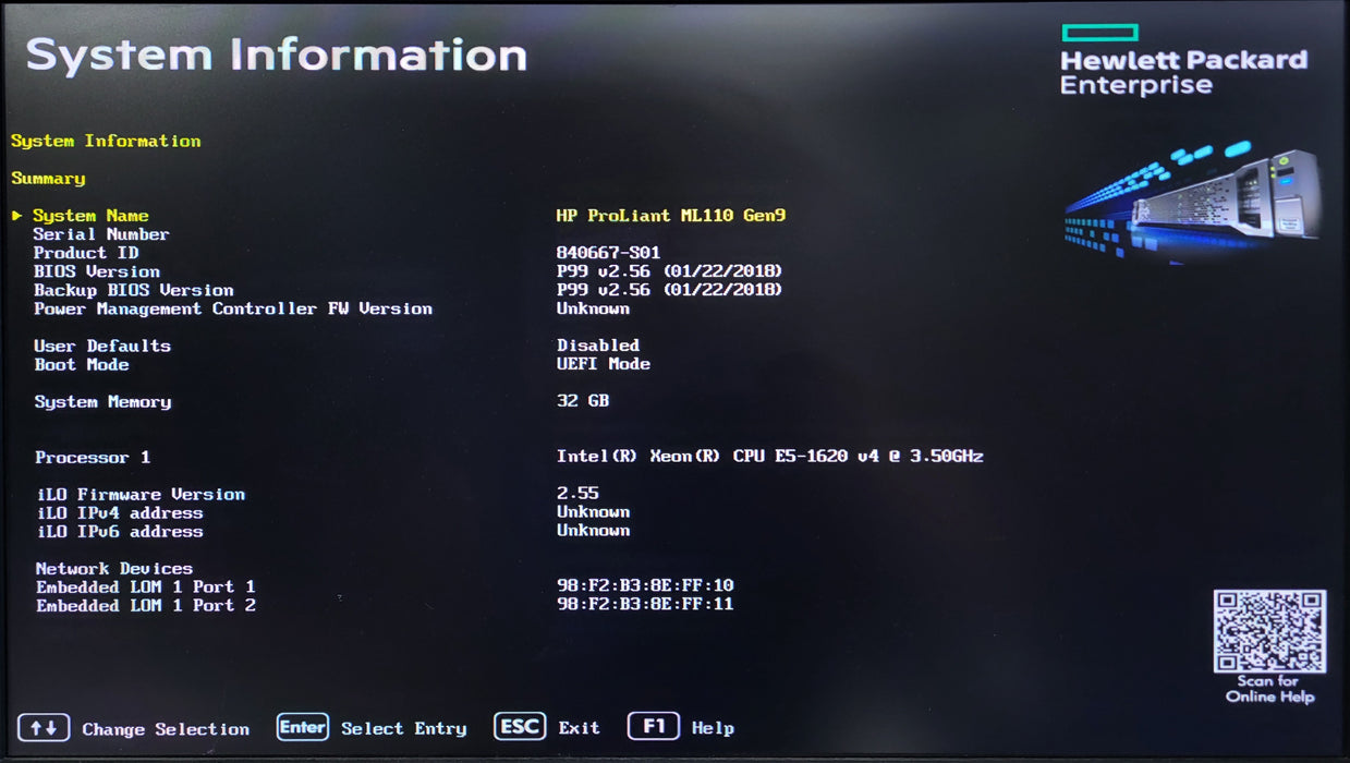 HP PROLIANT ML110 GEN 9, Xeon E5-1620v4 3.50GHz, 32GB DDR4, B140i, No HDD, 550W