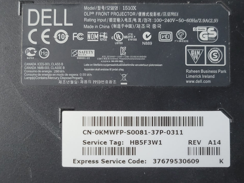 Dell 1510X DLP Digital Projector - HDMI, 799 Lamp Hours, No remote
