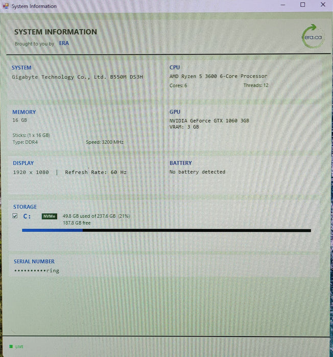 Custom PC, Gigabyte B550M-DS3H, Ryzen 5 3600 CPU, 16GB DDR4, 256GB NVMe, GTX1060