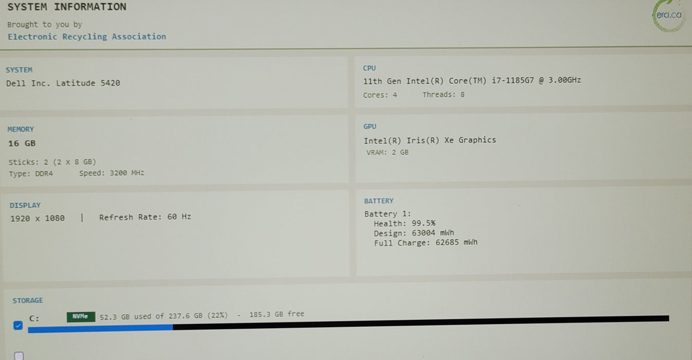 Dell Latitude 5420 14" i7-1185G7 16GB DDR4 256GB NVMe READ NO ADAPTER
