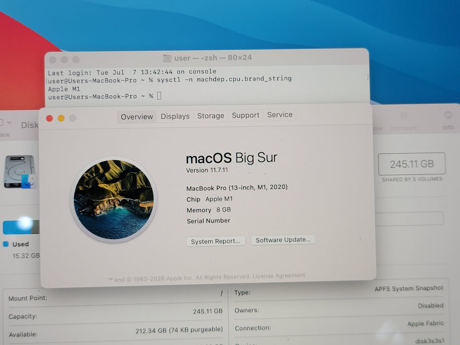 Apple Macbook Pro 2020 M1 @ 3.2GHz 8GB RAM 250GB SSD [Read | A2338]