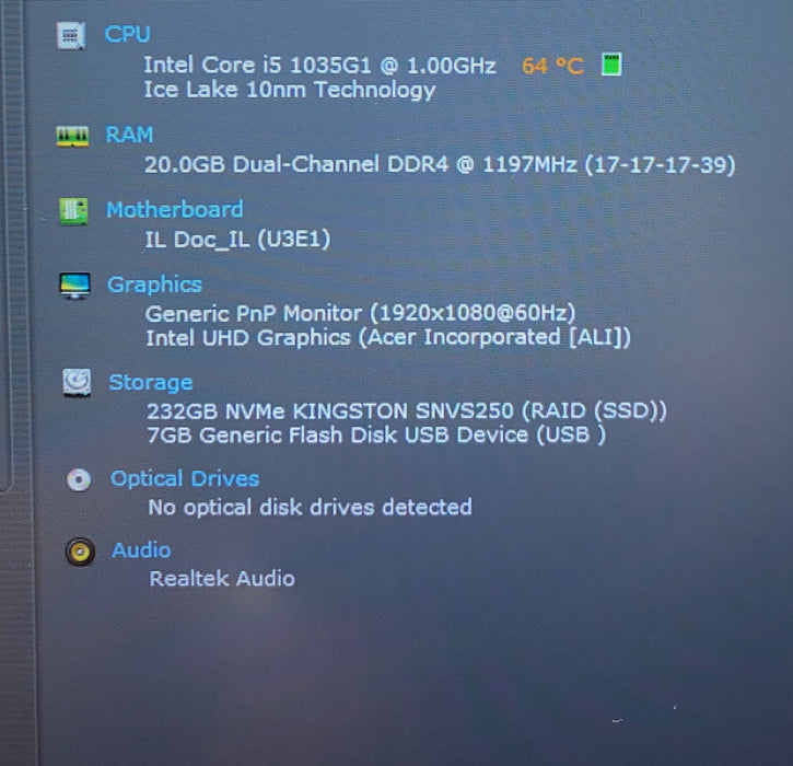 Acer Aspire A515-55 Intel Core i5-1035G1 1.00GHz 20GB RAM 250GB SSD