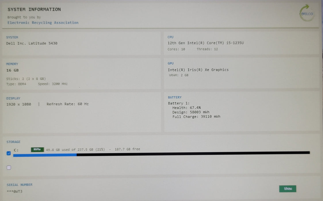 Dell Latitude 5430 i5-1235U 16GB DDR4 256GB NVMe READ
