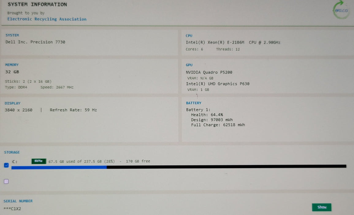 Dell Precision 7730 Xeon E-2186M 32GB DDR4 QUADRO P5200 256GB NVMe READ