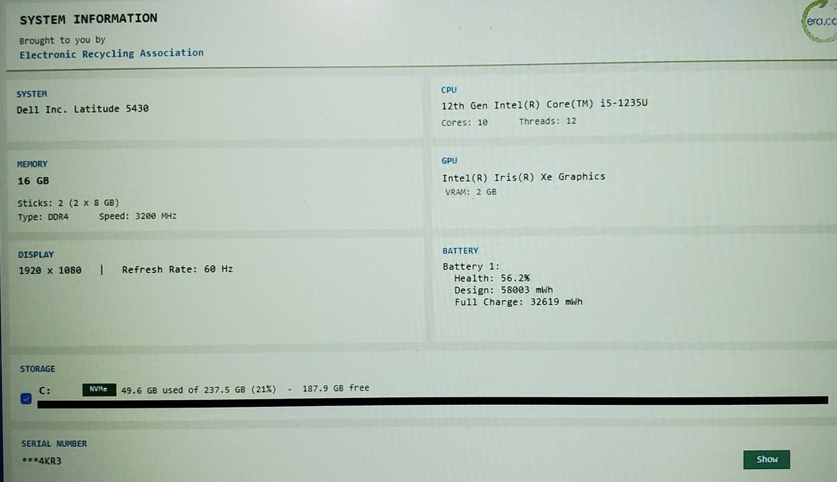 Dell Latitude 5430 i5-1235U 16GB DDR4 256GB NVMe READ
