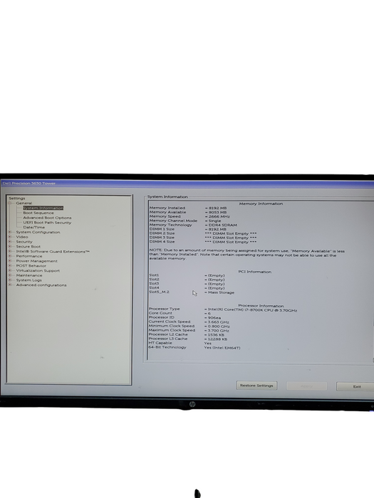 DELL Precision 3630 Intel i7-8700K @ 3.70Ghz 8GB RAM NO-HDD/SSD