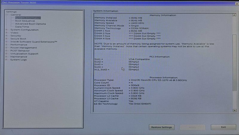 Dell Precision T3620 | Xeon E3-1270 v6 @ 3.80GHz 4C, 8GB DDR4, No HDD/GPU