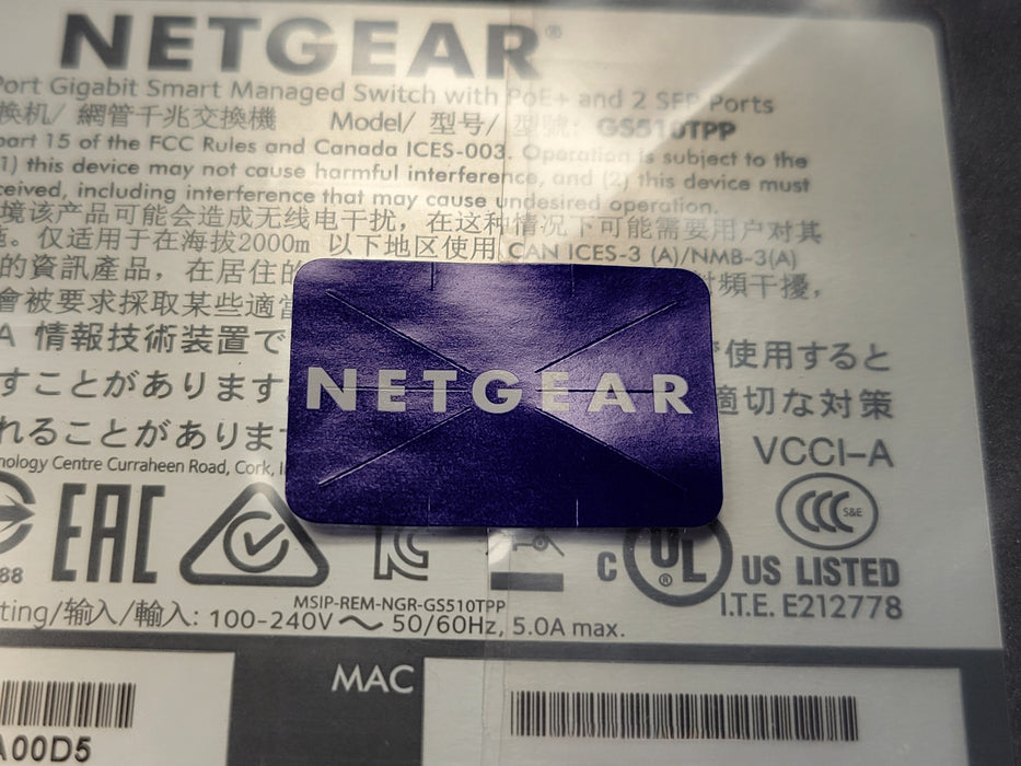 NETGEAR ProSAFE 8-Port Gigabit Smart Managed Switch w/PoE+ 2 SFP GS510TPP-100NAS