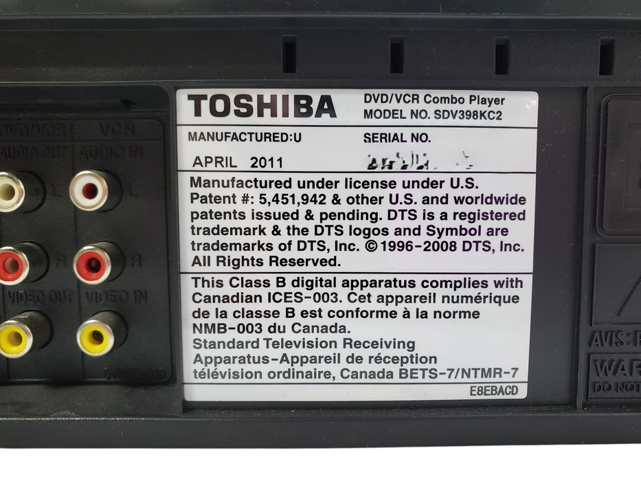 Toshiba SD-V398 DVD/VCR Combo Player  - SDV398KC2 *READ*