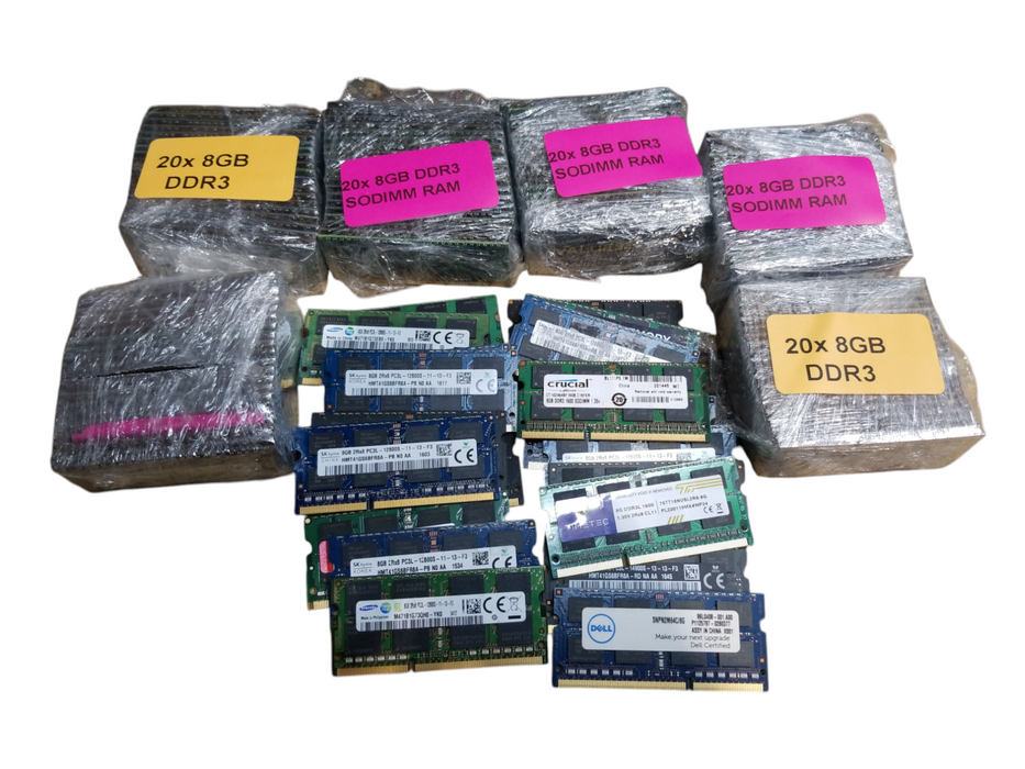 Lot of 140x, Assorted 8GB DDR3 SODIMM Laptop RAM