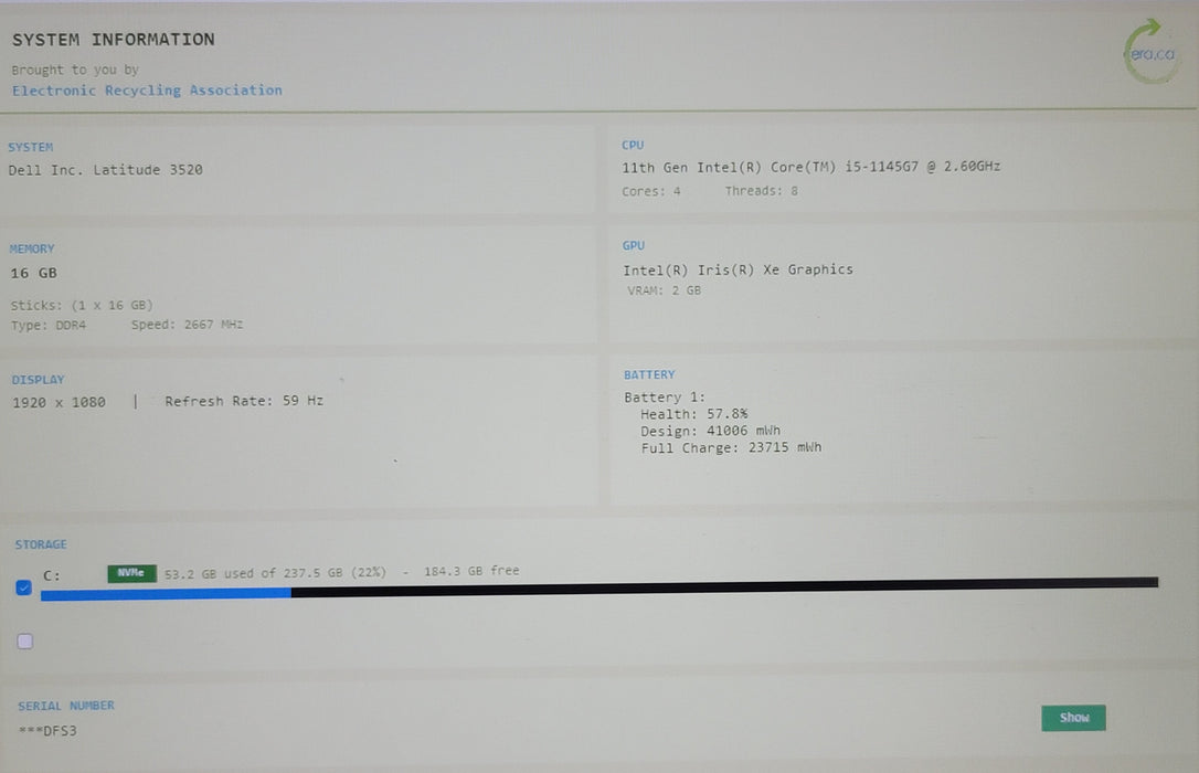 Dell Latitude 3520 i5-1145G7 16GB DDR4 256GB NVMe