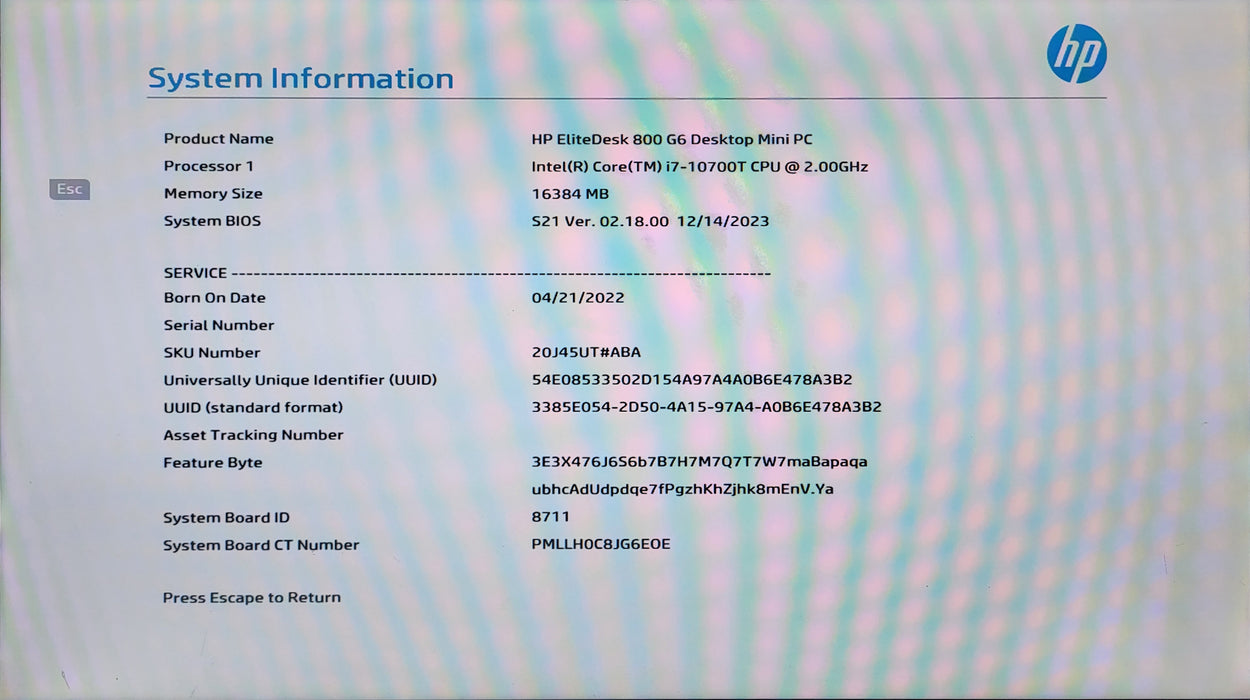 HP EliteDesk 800 G6 Mini, i7-10700T 2.0GHz, 16GB DDR4, 512GB NVMe, PWR