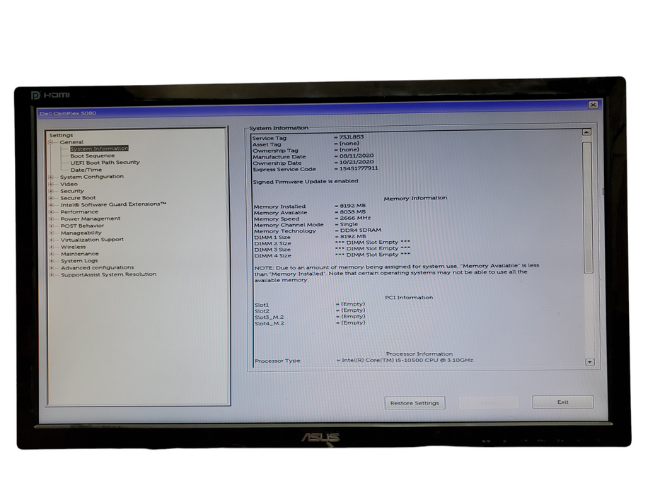 Dell OptiPlex 5080 SFF, i5-10500, 8GB DDR4, No HDD/OS