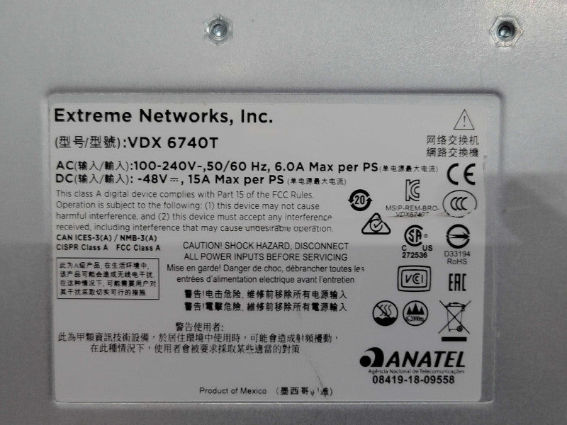 EXTREME NETWORKS XBR-VDX6740T-24-R 80-1009581-04 48 PORT SWITCH, READ _