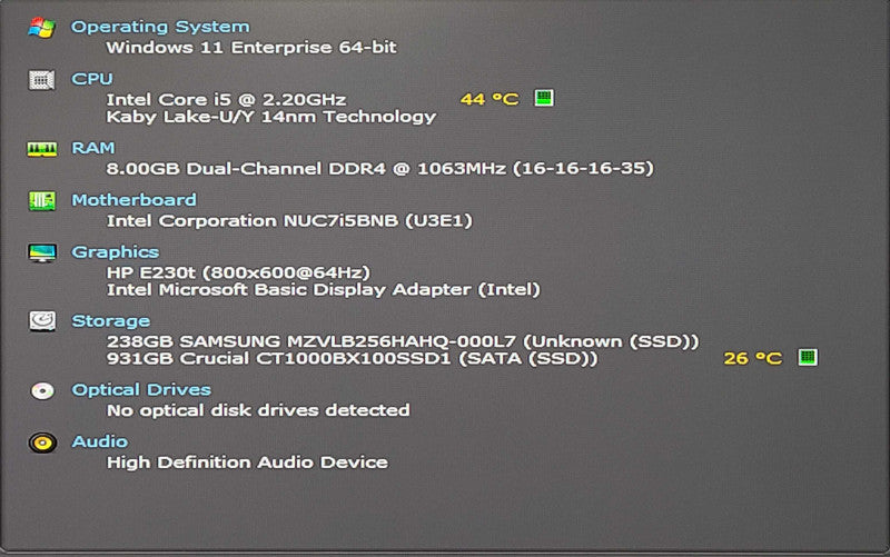 Intel NUC7i5BNB PC, i5-7260U 2.2GHz, 8GB DDR4, 256GB NVMe, 1TB SSD, WiFi