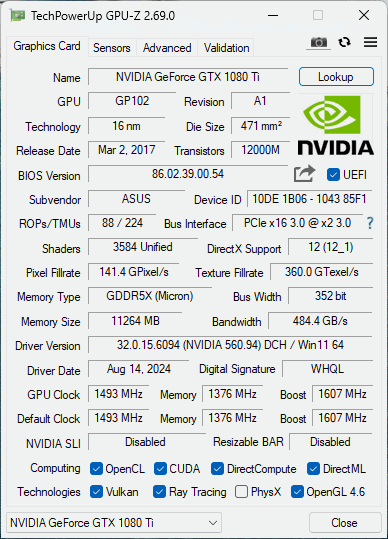 Asus GeForce GTX 1080 Ti -STRIX-GTX1080TI-11G-GAMING Graphics Card