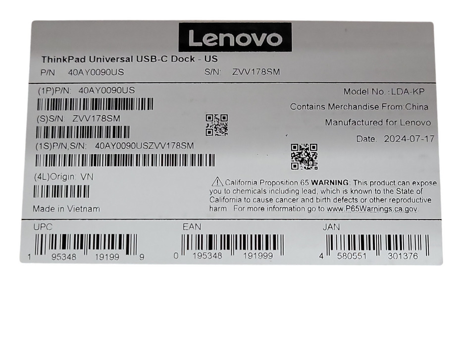 New Lenovo ThinkPad Universal USB-C Dock-US 40AY0090US LDA-KP