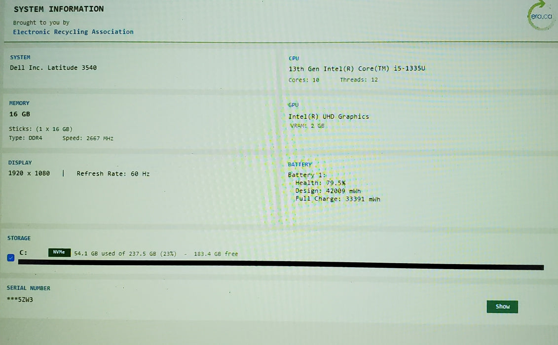 Dell Latitude 3540 Intel Core i7-1355U 16GB RAM 256GB SSD